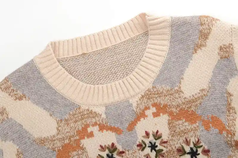 CAMIA Осень Новый женский свитер контрастный цвет вышивка цветок круглый вырез с длинным рукавом