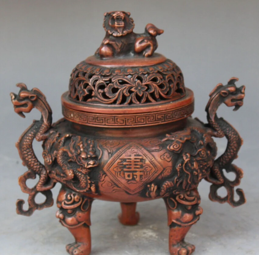 bir 005274 8&quotMarked China Copper Bronze Dragon Lion Foo Fu Dog Incense Burner Censer Statue | Дом и сад