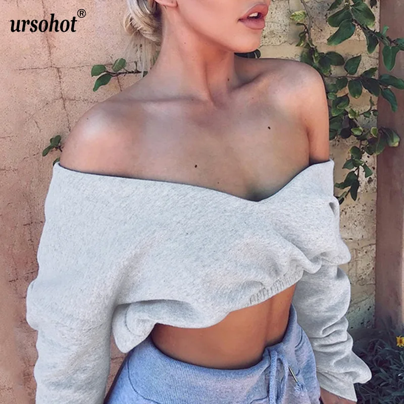 

Ursohot Sexy Off Shoulder Deep V Neck Hoodie Sweatshirts Women 2018 Autumn Navel Bare Cropped Tops Streetwear Pullover Tops
