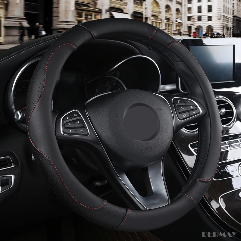 DERMAY Sport Style Contrast Color Non-slip Sweat Good Breathable PU Leatherette 15 Inch Car Steering Wheel Cover Free Shipping