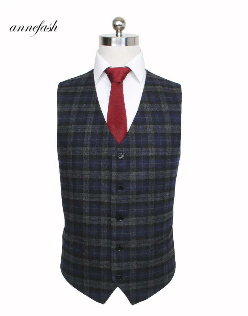 

2018 New style Custom Made high quality woolen navy grey plaid tweed vest tailored made British style men vest