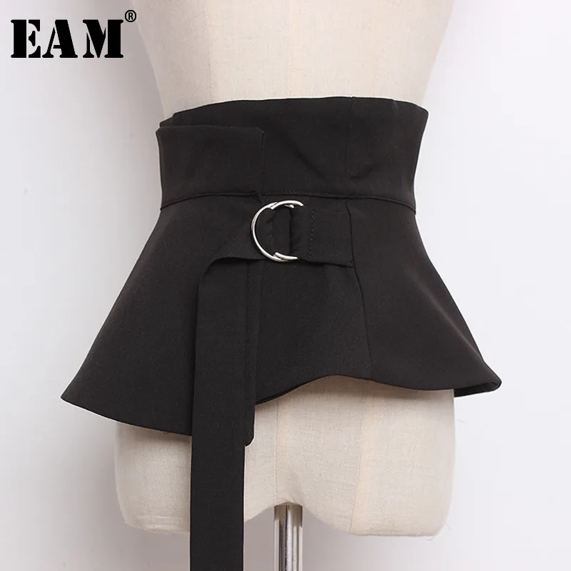 

[EAM] Solid Wide Skirt Bandage Spliced Metal Hoop Pleated Waistbelt Women New Fashion Tide All-match Autumn Winter 2019 LI319