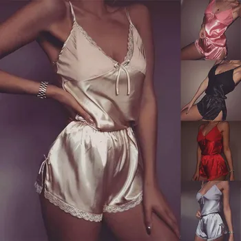 

2019 2 piece set Women Satin Lace Sleepwear Babydoll Lingerie Nightwear Shorts Pjs Pyjamas Sexy Set