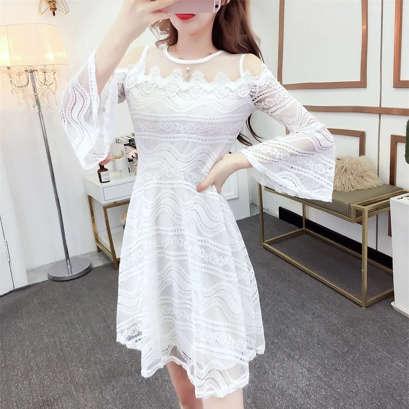 Women's Dress Sexy Party Dress Lace Hollow Slim Strapless Trumpet Sleeve A-line Dresses