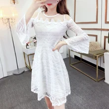 Women's Dress Sexy Party Dress Lace Hollow Slim Strapless Trumpet Sleeve A-line Dresses eyelash lace detail trumpet sleeve plaid dress