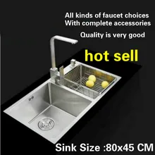 Модная большая кухонная раковина прочная 304 нержавеющая сталь 3 мм Ручная работа двойной паз Горячая 80x45 см