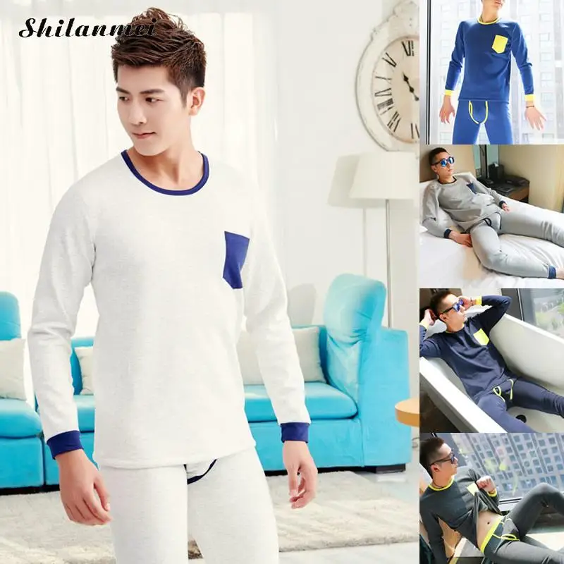 Winter Thermal Underwear Sets For Men White Elastic Long Johns Blue