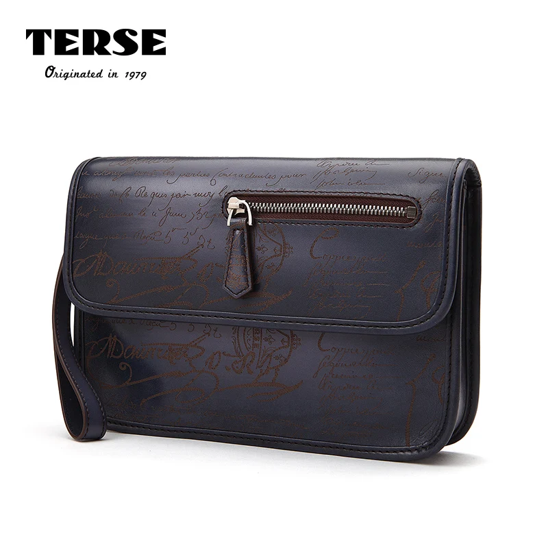 

TERSE_Luxury Brand Mens Clutch Bag 100% Handmade Genuine Leather Document Engraving Bag For Male Custom Service T8315