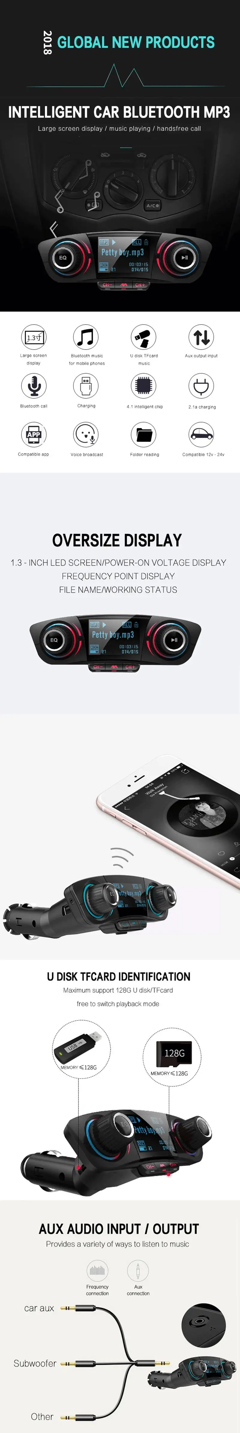 Большой экран Bluetooth Автомобильный MP3-плеер fm-передатчик модулятор беспроводной громкой связи музыкальный аудио с интерфейсом AUX автомобильное зарядное устройство