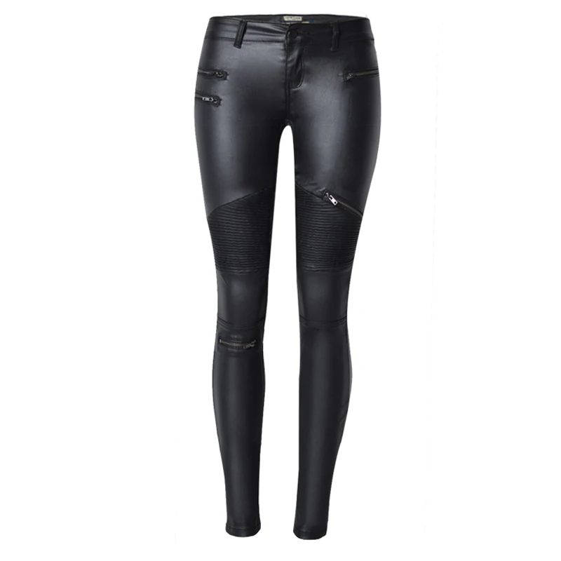 Зимние сексуальные женские черные брюки из искусственной кожи на молнии стрейч Bodycon плиссированные Лоскутные панк Рок женские длинные брюки-карандаши - Цвет: black