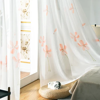 

Chinese Hand-painted Window Tulle Modern Simple Flowers Voile Curtains For Bedroom Living Room Sheer Home Textile