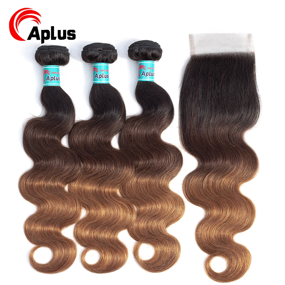 

T1B/4/30 Ombre Brazilian Hair Weave Bundles With Closure Body Wave 3 Tone Human Hair Bundles With Closure 4Pcs/lot Aplus NonRemy