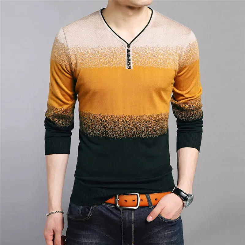 YWSRLM модный свитер с градиентным воротником Мужской Хлопковый шерстяной мужской s свитер полосатый пуловер с принтом мужской v-образный вырез Pull Homme плюс размер 4XL - Цвет: Цвет: желтый