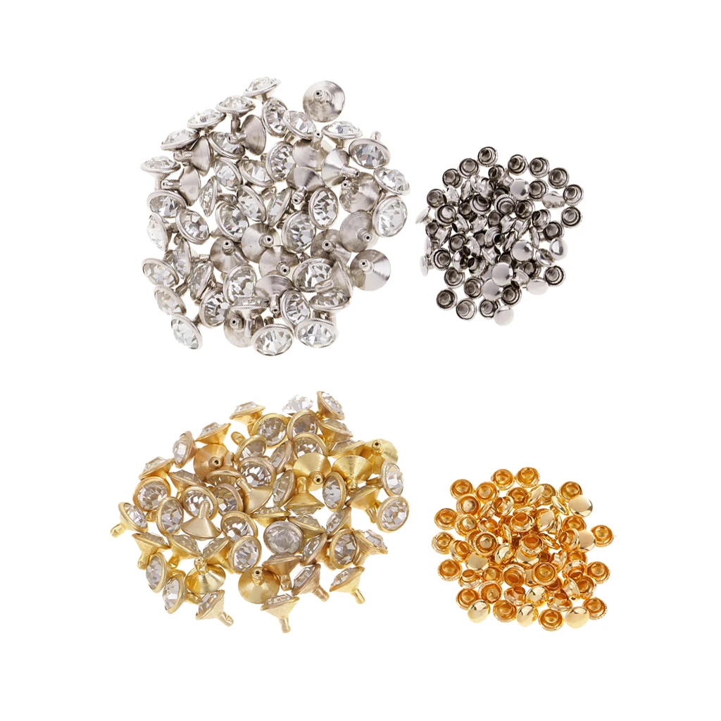 50 Pieces Rhinestone Rivets Studs Buttons for Sewing Crafts DIY Bag Clothes Shoes 7/10mm Silver/Gold Leathercrafts Accessories