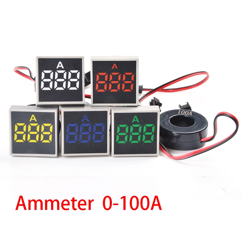 

22MM 0-100A Digital Ammeter Current Meter Led Lamp Square Signal Light Current Tester Digital Panel Indicator