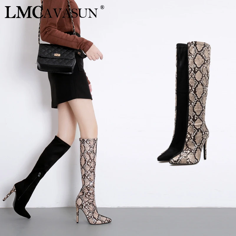 

LMCAVASUN Thigh High Boot Snake Skin Over the Knee Boots Sexy Super High Thin Heel Pleated Pointed Toe Botte Femme Talon