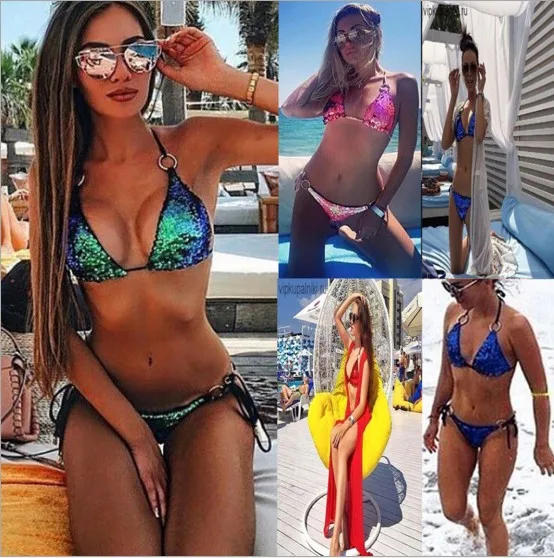 

Green/Gold/Silver Women Sequins Bikini set Brazilian Swimwear Sexy Bandage Halter Top Swimsuit Female Paillette Bathing suit