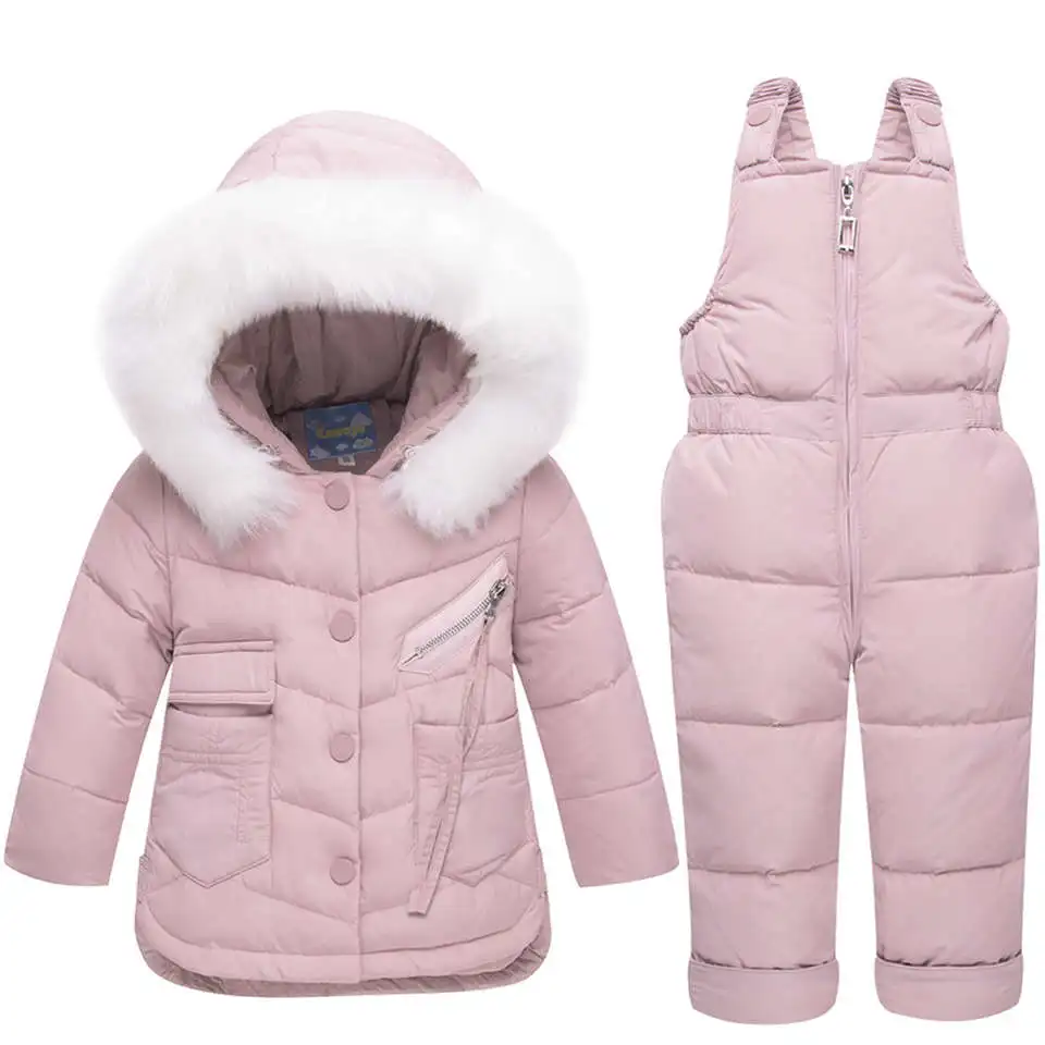 Комплекты зимней одежды для детей зимний костюм, куртка+ комбинезон, комплект из 2 предметов, пуховое пальто для маленьких мальчиков и девочек зимняя одежда для маленьких девочек - Цвет: pink with white fur
