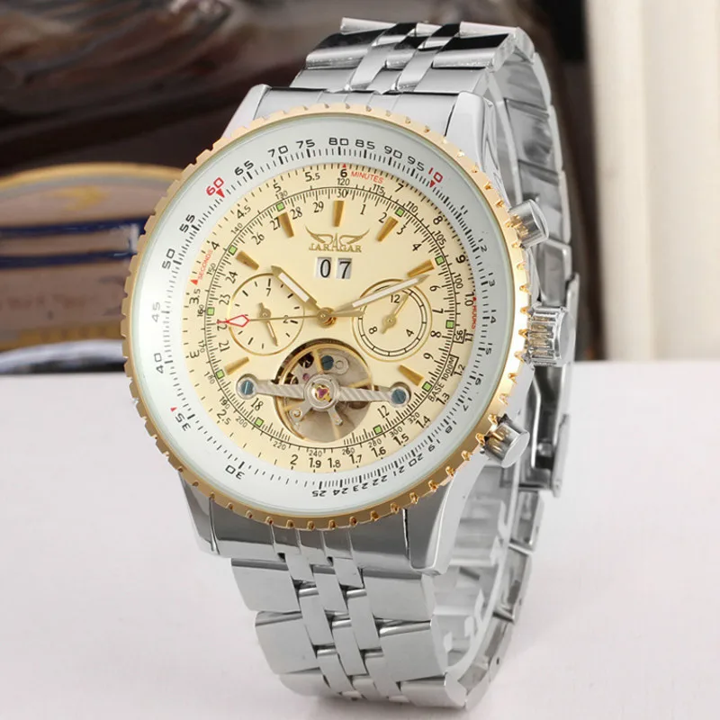 JARAGAR الساعات الفاخرة الرجال يوم شهر توربيون ساعات آلية التلقائي الفولاذ المقاوم للصدأ ساعة رجالي ساعة اليد مع هدية مربع JARAGAR الساعات الفاخرة الرجال يوم شهر توربيون ساعات آلية التلقائي الفولاذ المقاوم للصدأ ساعة رجالي ساعة اليد مع هدية مربع