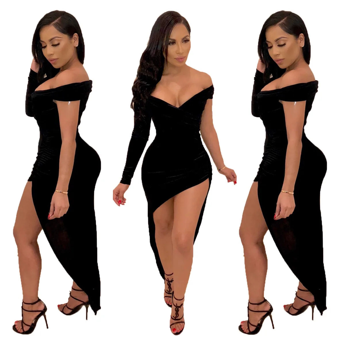 

2019 Women Summer Off Shoulder Plunging V-neck One Long Sleeve Irregular High Low Maxi Dress Bodycon Party Club Vestidos JH084