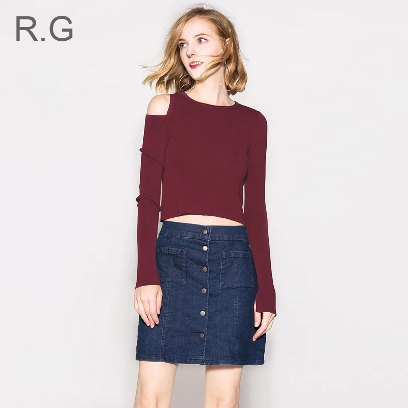 

Sexy Hollow Out Design Off-Shoulder Sweater Women Long Sleeve Split Pullovers Black Green Red Knitting Sweaters Autumn 2018