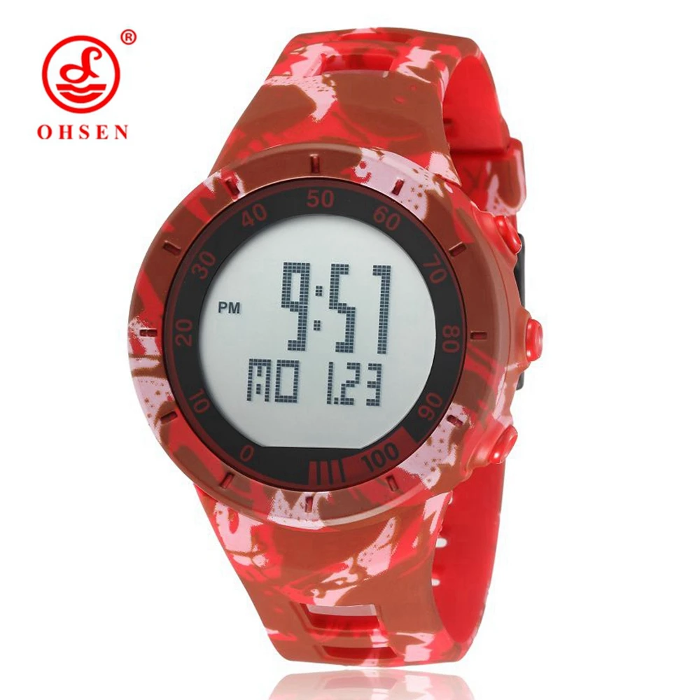 

NEW OHSEN Digital Watch Men Male Female Couple Wristwatch Red Rubber Strap Alarm Date LCD Waterproof Sport Lovers' Watch Relogio