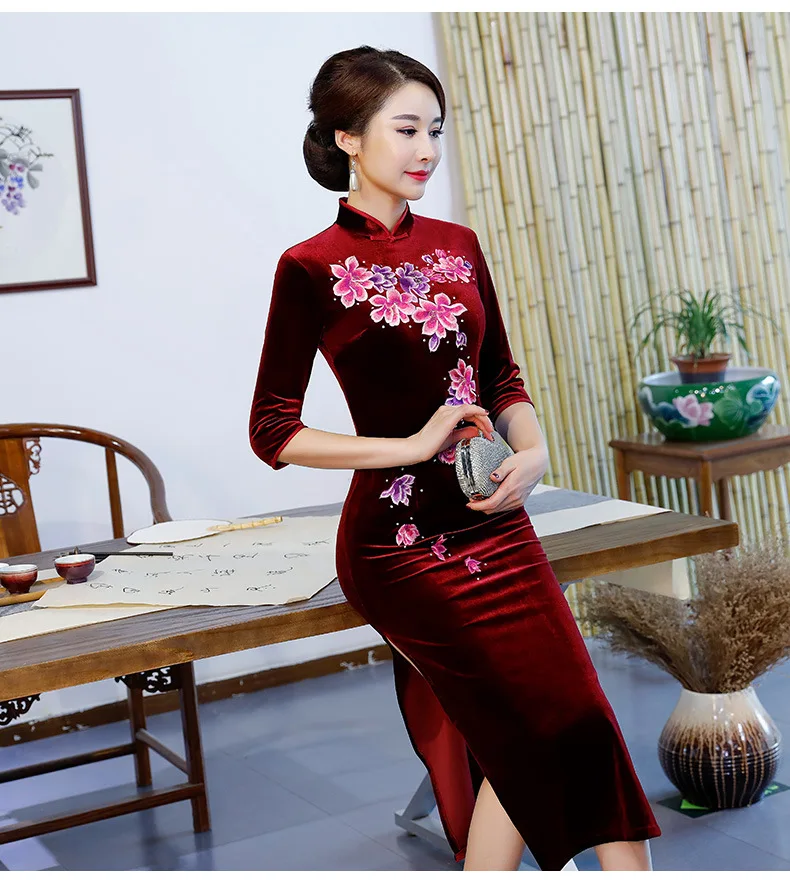 Вышивка бархат Cheongsam платье китайское традиционное Qipao красный Длинные Платья Восточный стиль Китайские женские халаты велюр