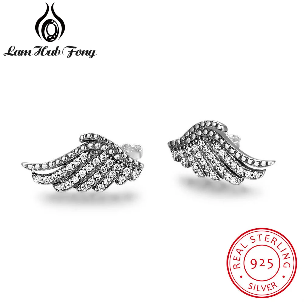 

New 100% 925 Sterling Silver Earrings for Women Cubic Zirconia Paved Wings Stud Earring Vintage Style Fine Jewelry