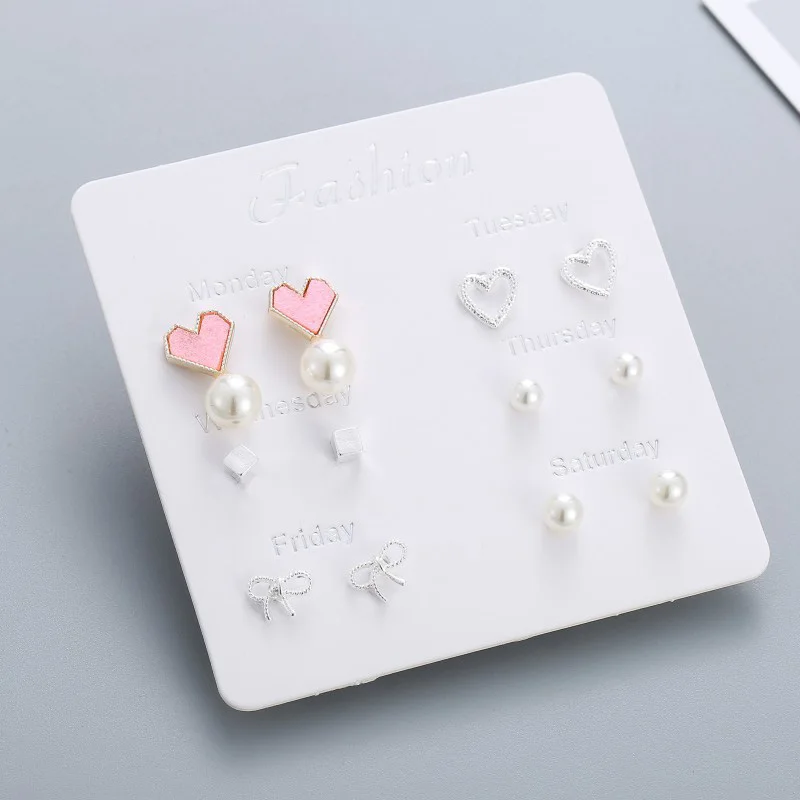 

6 Pairs/set One Week Stud Earrings Set For Women Fashion Pink Heart Bow Pearl Silver Small Earring Mixed Girls Jewelry Gifts