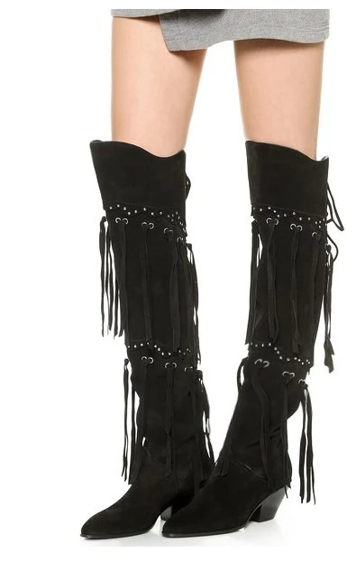 2017 High Quality Fashion  Fringe Over Knee Boots Women Leather Boots Med Heel Shoes Woman Fringe Boots Lace-up Rivet Botas