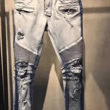 Высокое качество,, Новое поступление, известный бренд, мужские дизайнерские, корейская мода, тонкие, обтягивающие, джинсовые, в стиле панк, плиссированные, байкерские, рваные джинсы
