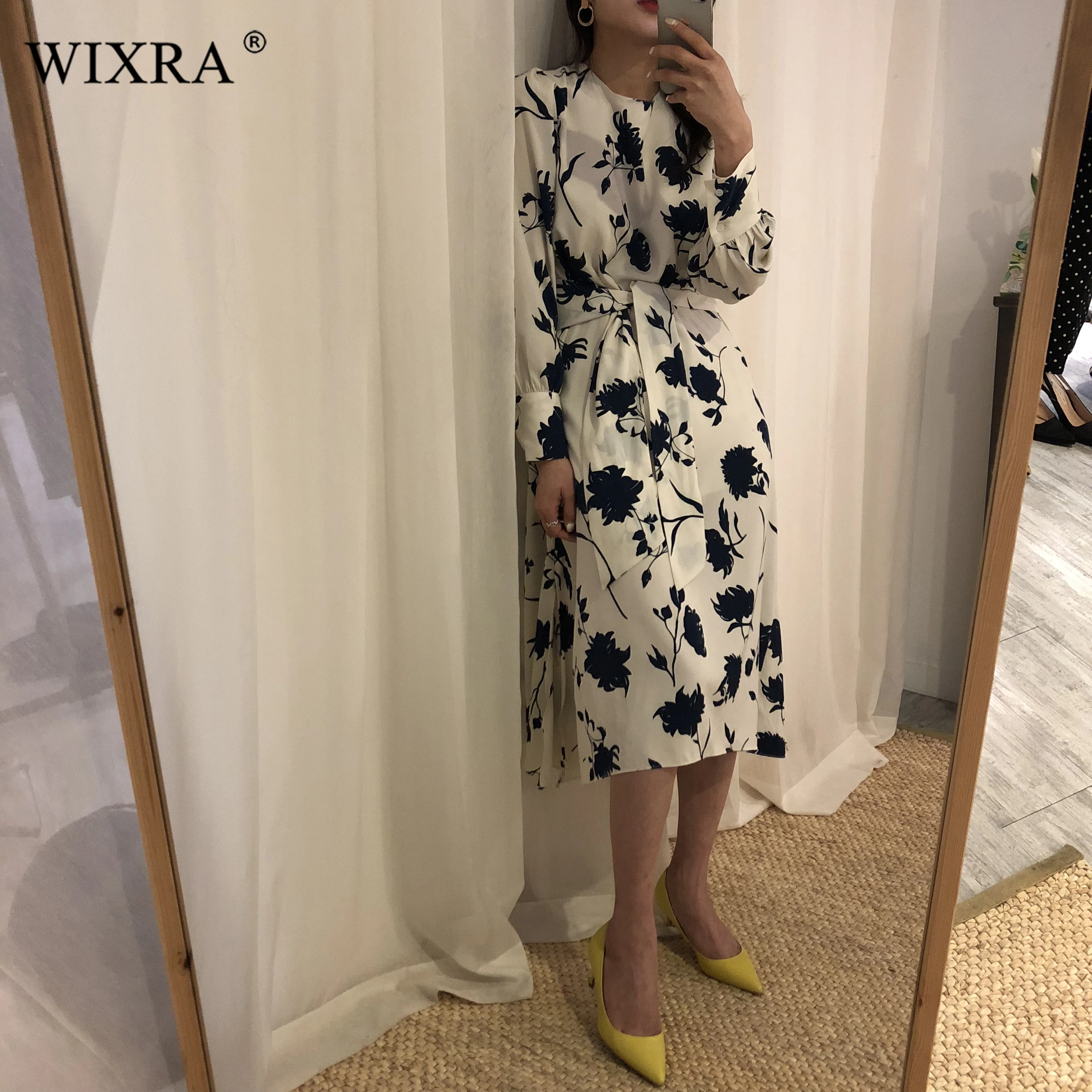 

Wixra 2019 New Spring Summer O Neck Long Dress With Sashes Floral Print Mid-Calf Dresses Womens Clothing For Women