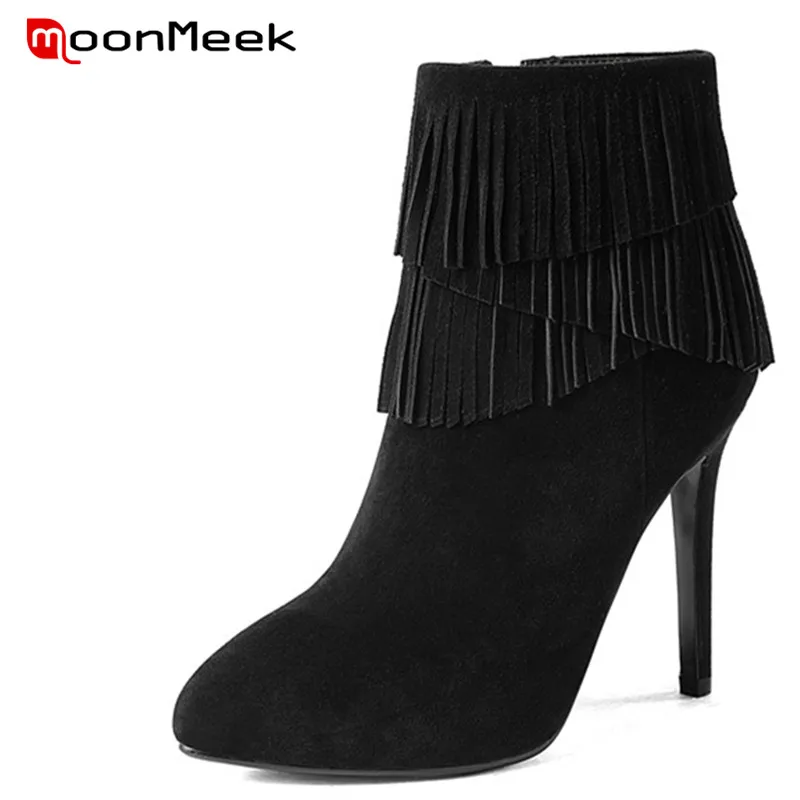 

MoonMeek 2020 fashion fringe zipper ankle boots high quality suede leather boots sexy pointed toe autumn winter ladies boots