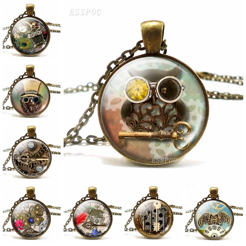 Vintage Steampunk Owl Photo Cabochon Glass Pendant Silver Chain Necklace gift