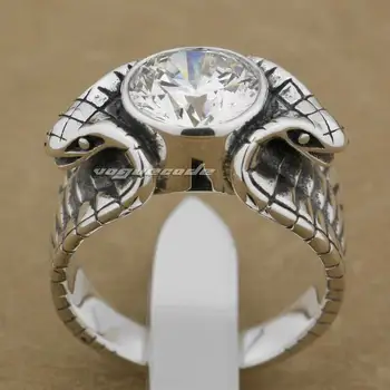 

LINSION White CZ Stone King Cobra Snake Ring 925 Sterling Silver Fashion Biker Rock Punk Style 9K010 US Size 6.5 to 13