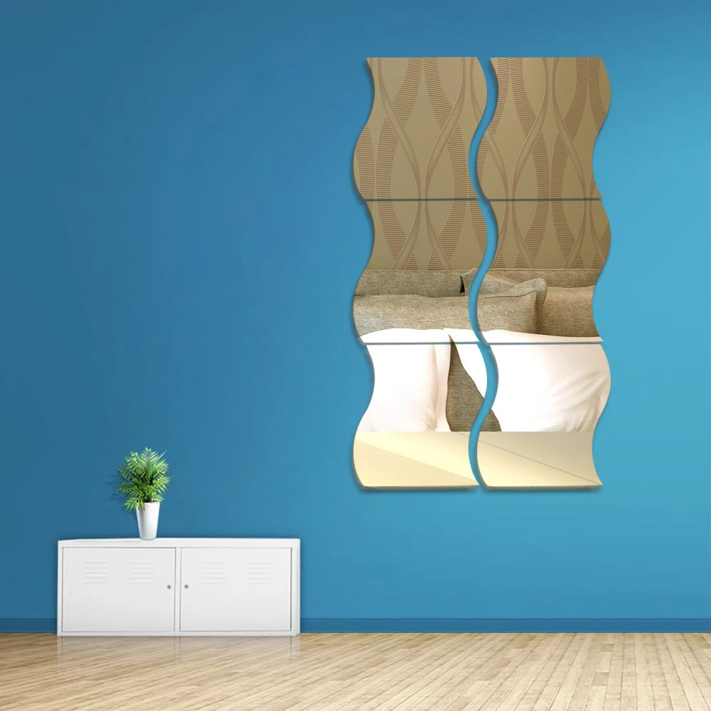 6Pcs 3D Wave Mirror Removable Wall Stickers Home Art Decoration Decal Mural DIY