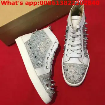 

Brand Shape Rivets Studs Mens Sneakers Fashion Rhinestone High Top Trainers Casual Shoes Runway Smoke Shoes Men Plus size 46