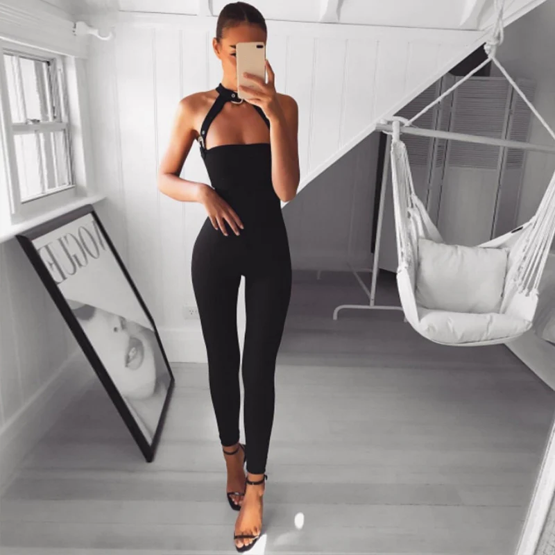 

Elegant Black Buckles Jumpsuits Rompers Women Sexy Fitness Club Party Bodycon Jumpsuit Summer Sleeveless Overalls 2019 Playsuit