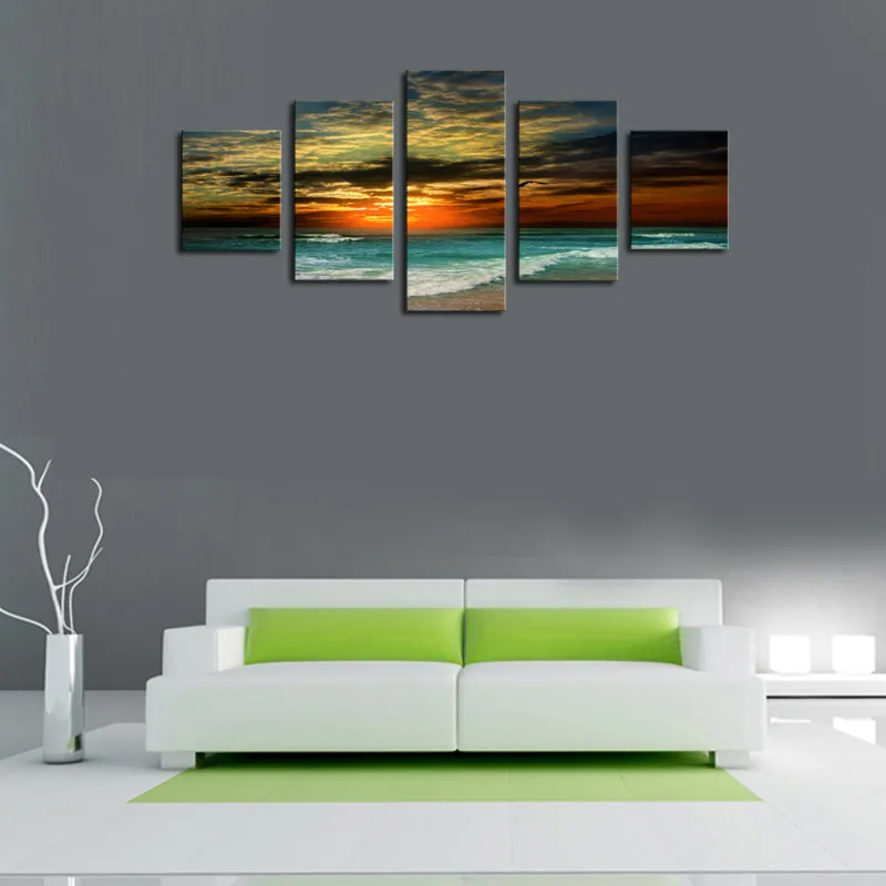 

Unframe 5 Panels The Setting Sun Sea Wave Picture HD Canvas Print Painting Artwork Wall Art Canvas painting Wholesale