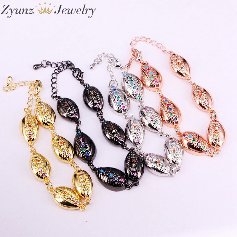 

5PCS, Multi CZ micro Pave Genuine cowrie sea shell bracelet in adjustable boho chain bracelet for women jewelry