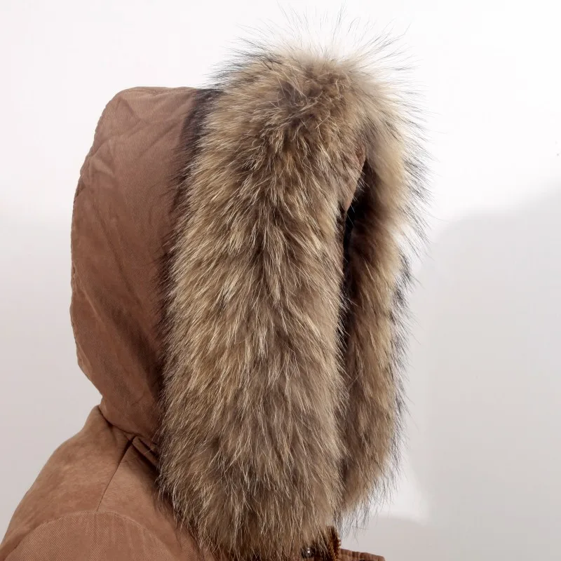 Модные зимние натуральная енота меховой воротник поездки для пальто пуховики шапки Для женщин с капюшоном меховой аксессуар