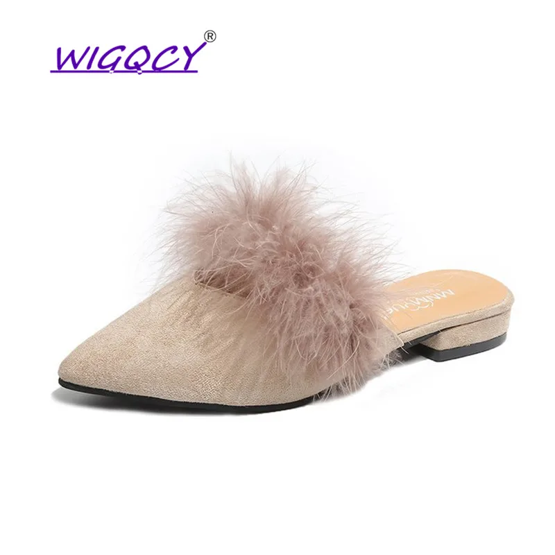 

Pointed Toe Flock Mules flat slippers women 2019 summer shoes woman Fashion Sweet Shallow Party Casual ladies shoes female