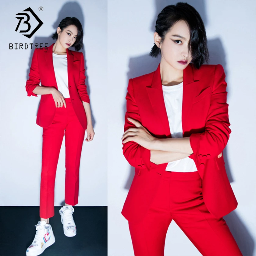 Women's Office Lady Two Pieces Sets Solid Red Elegant Single Breasted Turn-down Collar Blazers And Capris Trousers S88705Y Women's Office Lady Two Pieces Sets Solid Red Elegant Single Breasted Turn-down Collar Blazers And Capris Trousers S88705Y