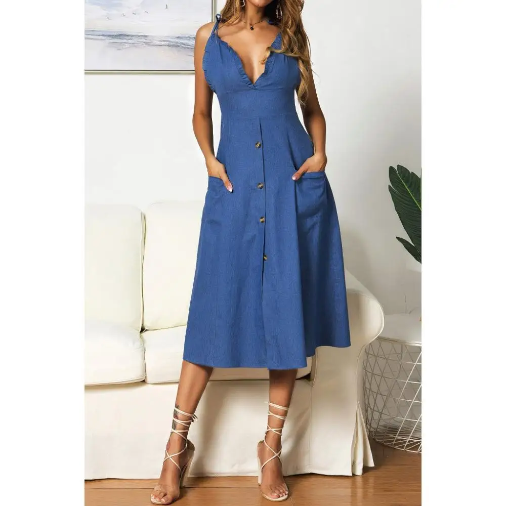 

Women Summer Dress Denim Ruffles Casual Slim Sleeveless Off Shoulder Mid-Calf V-Neck Lady платье летнее Dress vestidos #7
