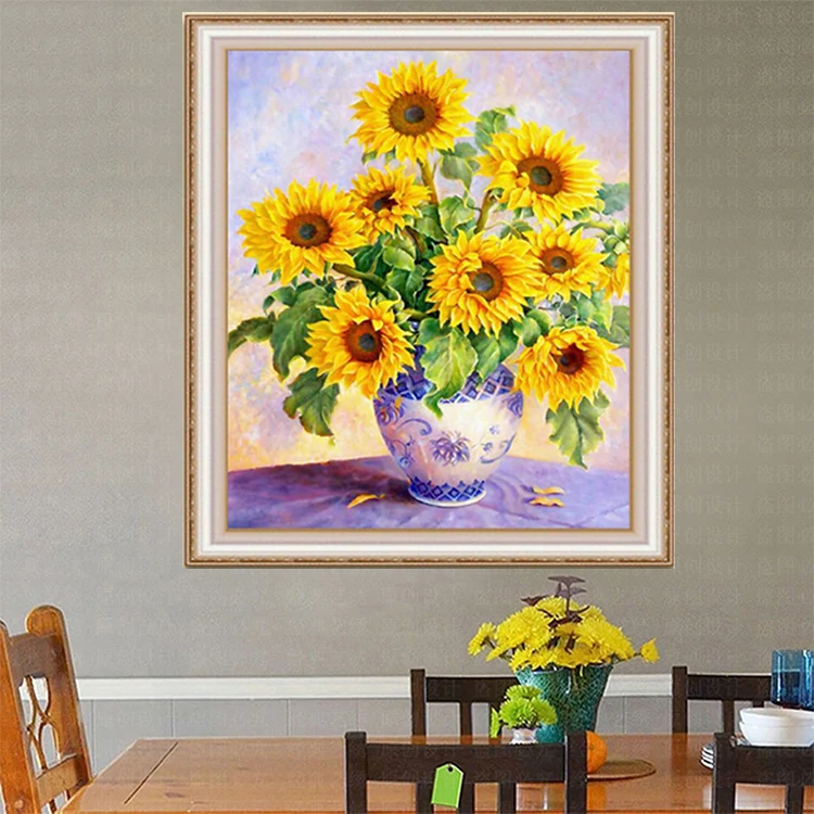 Sunflower flower vase beads cross stitch kit 11ct pre print canvas x