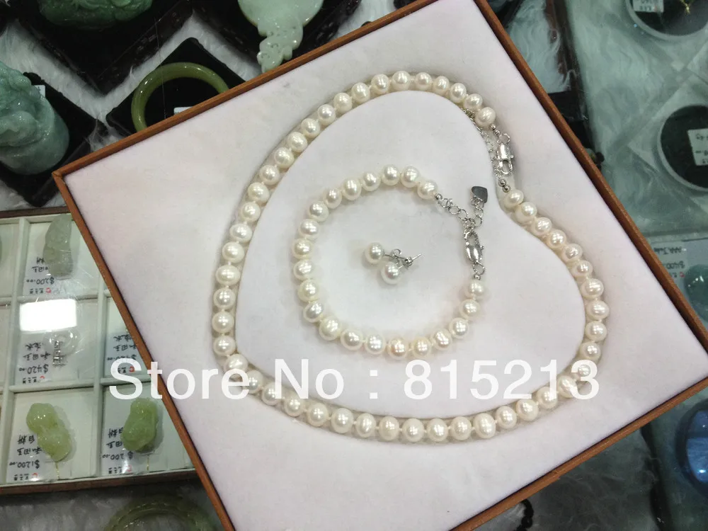 

ddh0494 8mm Real Freshwater Pearl Necklace Bracelet Sterling Silver Pearl Earring Set