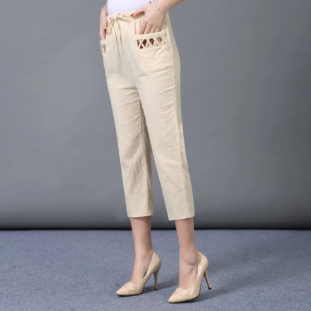 Женские весенние хлопковые льняные брюки, женские летние повседневные тонкие 3/4 брюки, женские Капри с эластичной талией, брюки размера плюс 4XL