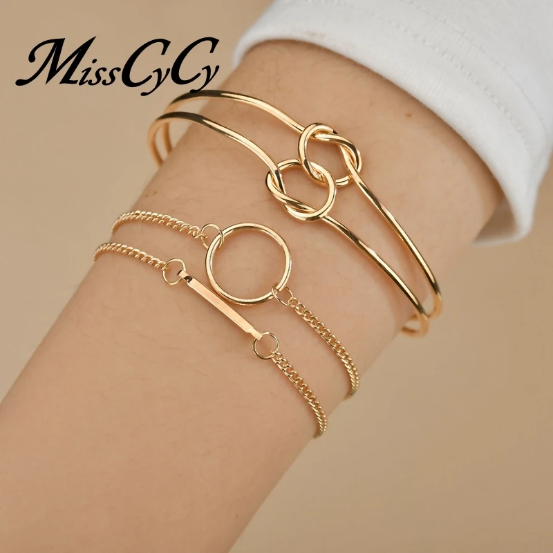 

MissCyCy Punk 4Pcs/set Cuff Bangle Simple Double Metal Knot Loop Charm Bracelet for Women Bohemian Jewelry Accessories