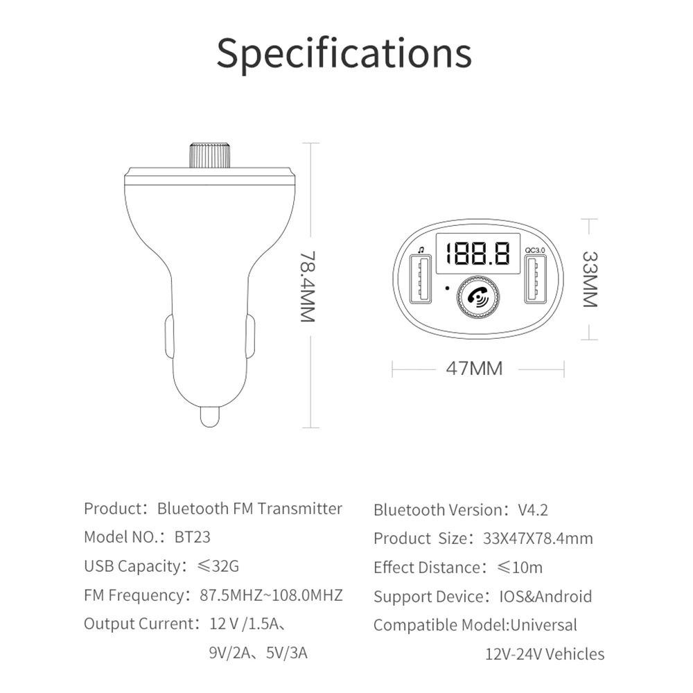 QC3.0, двойной USB, быстрая зарядка, Bluetooth, fm-передатчик, Автомобильный MP3-плеер, аудио приемник, адаптер, автомобильные аксессуары, автомобильное зарядное устройство, 50-100 мА