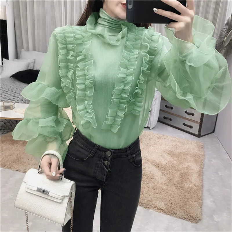 2019 Spring New Fashion High Collar Shirts + Elegant Mesh Blouse Suits Sweet Ruffled Two Pieces Suits Women 2 Piece Outfits Sets